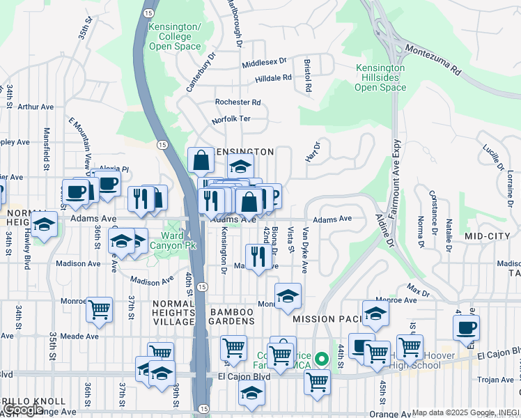 map of restaurants, bars, coffee shops, grocery stores, and more near 4723 Edgeware Road in San Diego