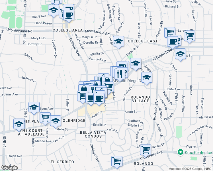 map of restaurants, bars, coffee shops, grocery stores, and more near 6244 El Cajon Boulevard in San Diego
