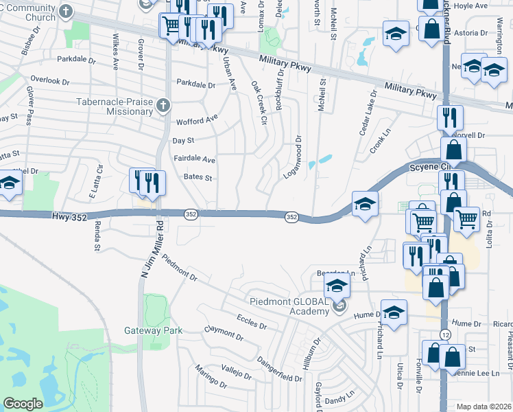 map of restaurants, bars, coffee shops, grocery stores, and more near 3121 Rock Bluff Drive in Dallas