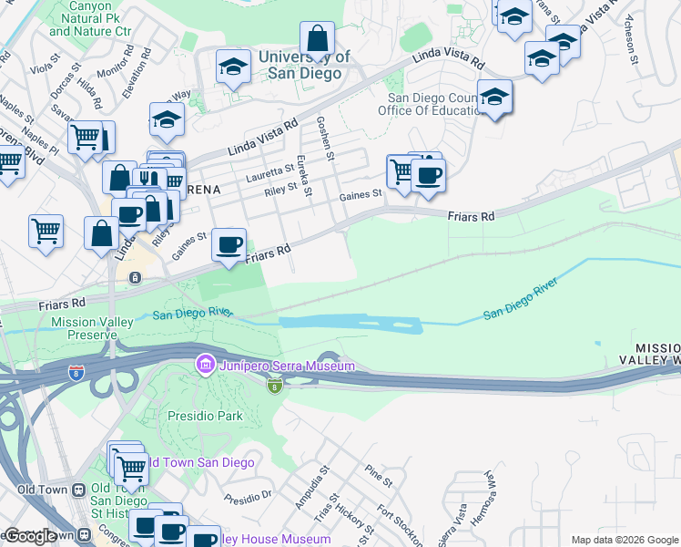 map of restaurants, bars, coffee shops, grocery stores, and more near 5865 Friars Road in San Diego