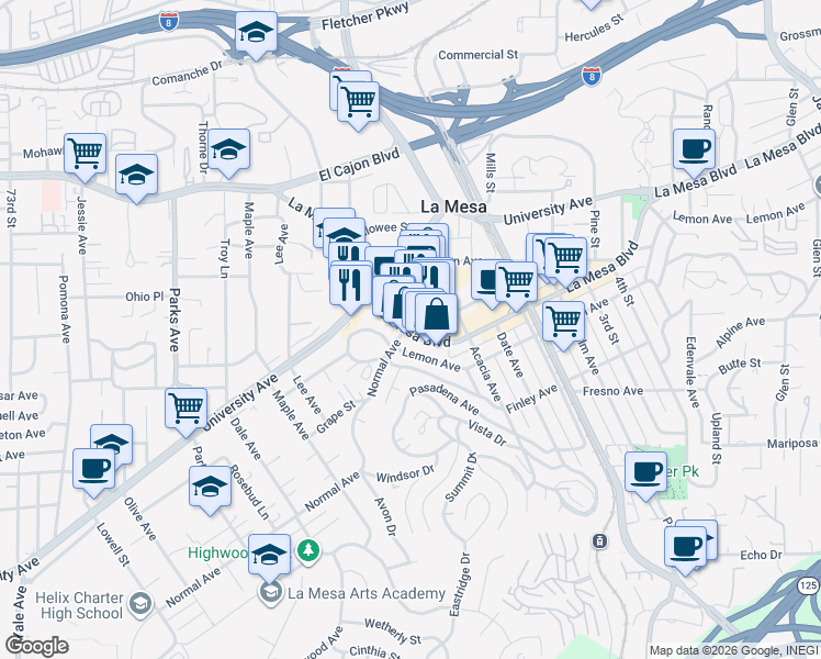 map of restaurants, bars, coffee shops, grocery stores, and more near 7966 La Mesa Boulevard in La Mesa