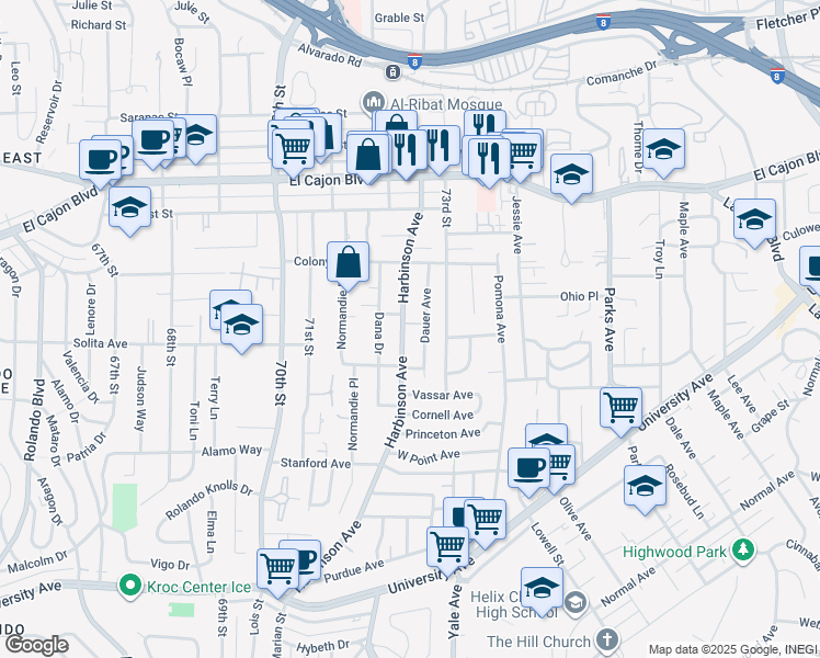 map of restaurants, bars, coffee shops, grocery stores, and more near 4719 Harbinson Avenue in La Mesa