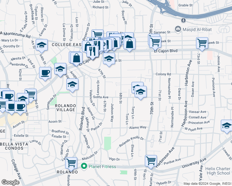map of restaurants, bars, coffee shops, grocery stores, and more near 4751 67th Street in San Diego