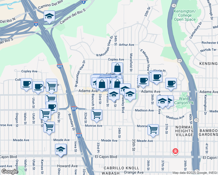 map of restaurants, bars, coffee shops, grocery stores, and more near 4745 Felton Street in San Diego