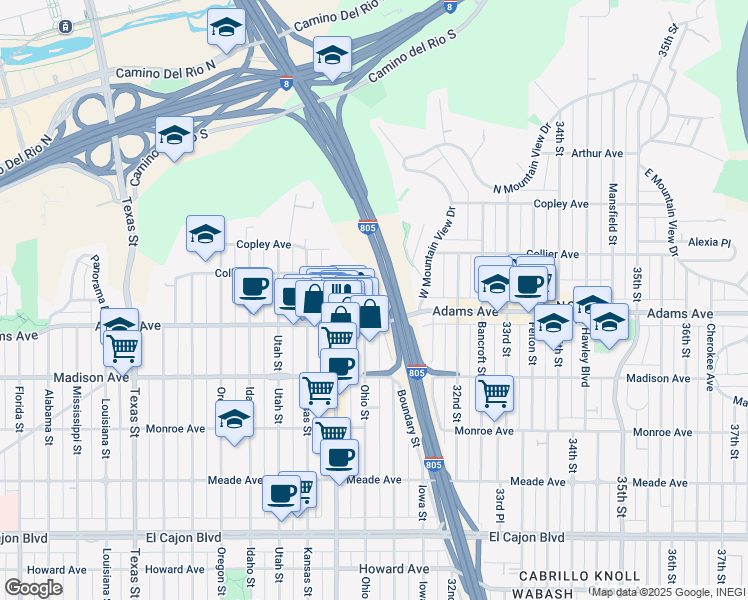 map of restaurants, bars, coffee shops, grocery stores, and more near 3072 Suncrest Drive in San Diego