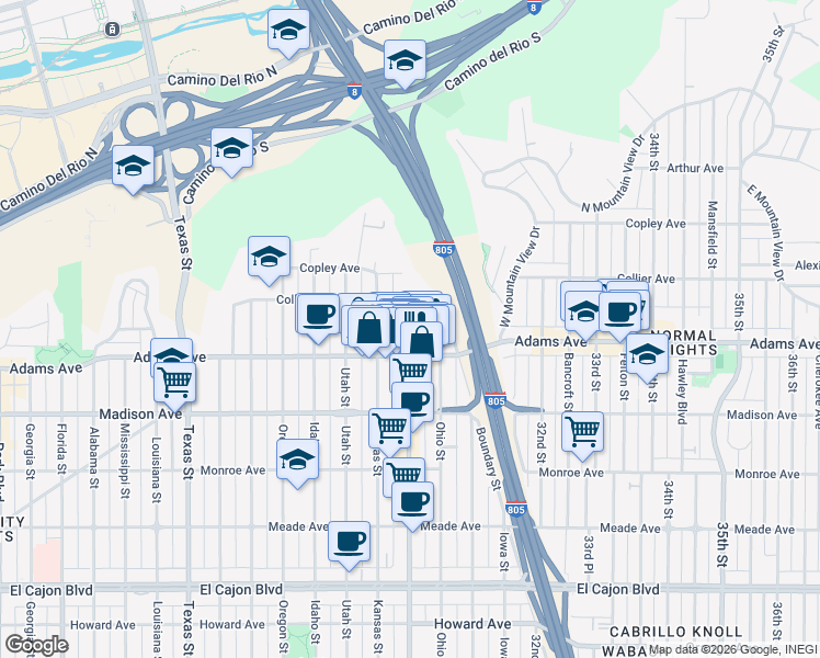 map of restaurants, bars, coffee shops, grocery stores, and more near 4837 Kansas Street in San Diego