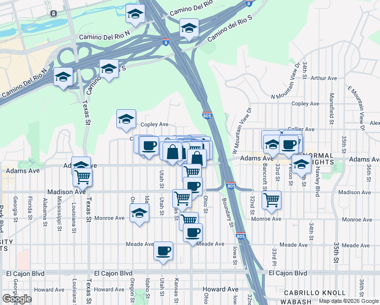 map of restaurants, bars, coffee shops, grocery stores, and more near 4837 Kansas Street in San Diego