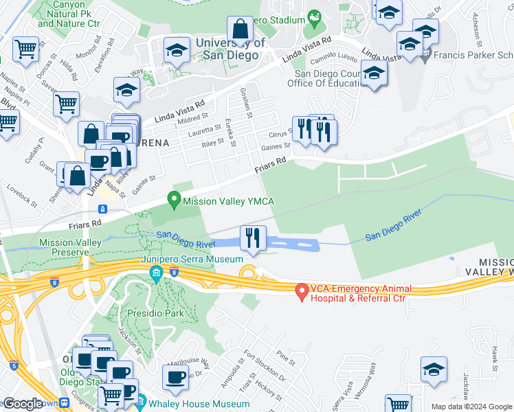 map of restaurants, bars, coffee shops, grocery stores, and more near 5865 Friars Road in San Diego