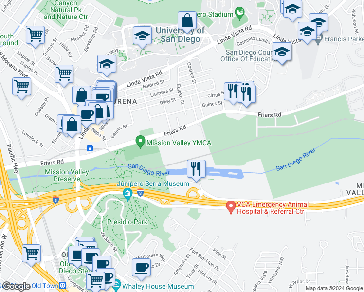 map of restaurants, bars, coffee shops, grocery stores, and more near 5745 Friars Road in San Diego