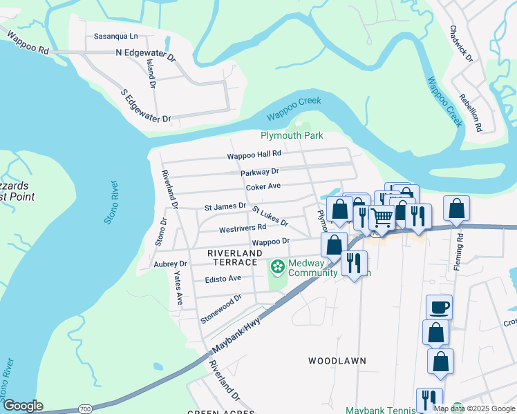 map of restaurants, bars, coffee shops, grocery stores, and more near 2127 Coker Avenue in Charleston