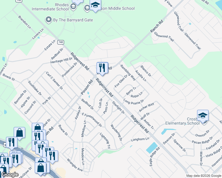 map of restaurants, bars, coffee shops, grocery stores, and more near 604 Tumbleweed Drive in Forney