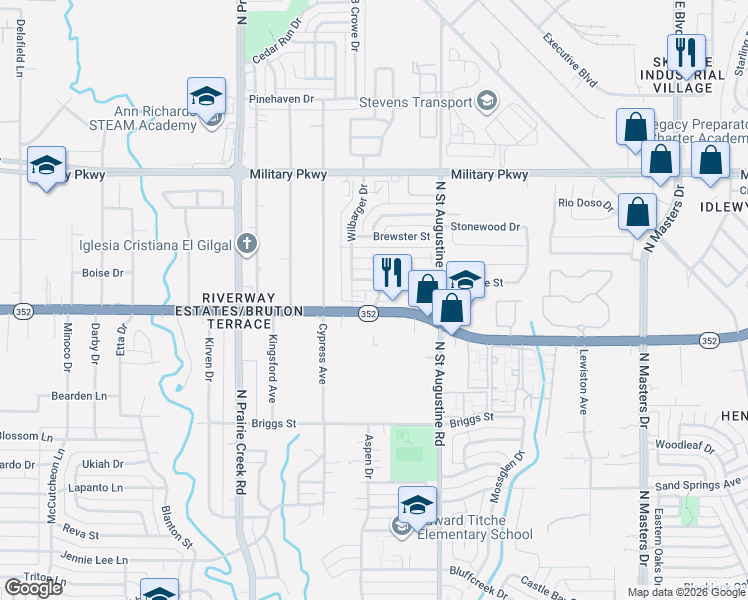 map of restaurants, bars, coffee shops, grocery stores, and more near 9420 Kerrville Street in Dallas