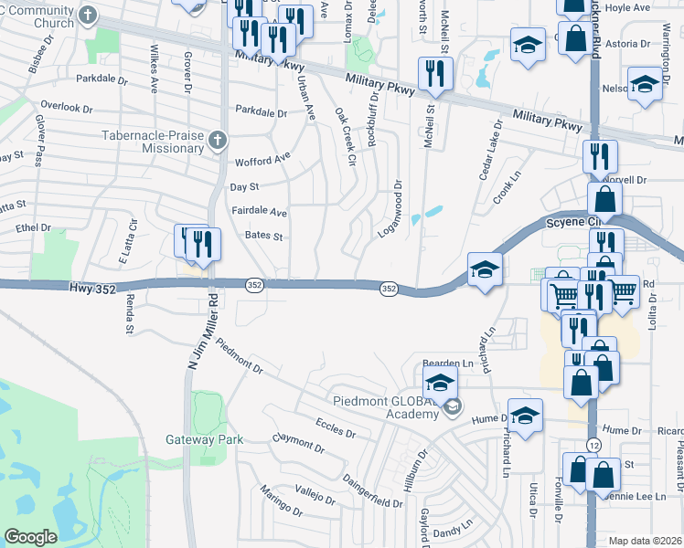 map of restaurants, bars, coffee shops, grocery stores, and more near 3121 Rock Bluff Drive in Dallas