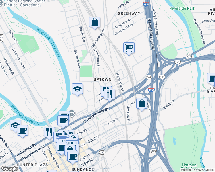 map of restaurants, bars, coffee shops, grocery stores, and more near 514 North Hampton Street in Fort Worth