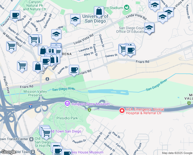 map of restaurants, bars, coffee shops, grocery stores, and more near 5765 Friars Road in San Diego