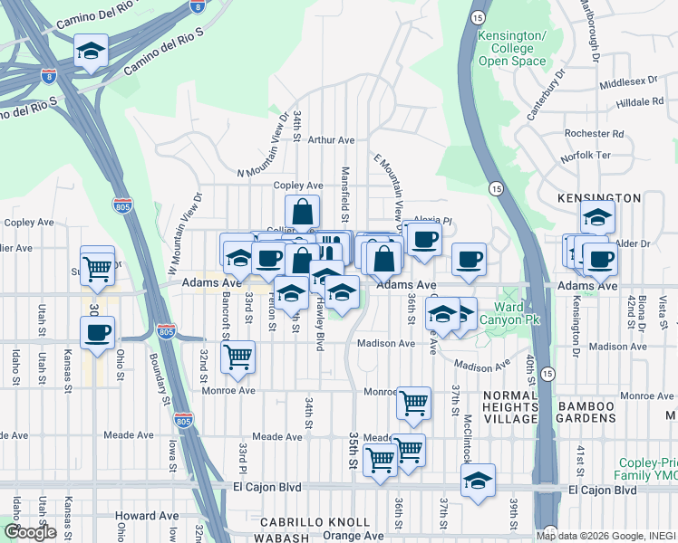map of restaurants, bars, coffee shops, grocery stores, and more near 4710 Mansfield Street in San Diego