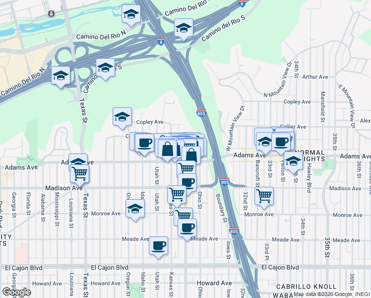 map of restaurants, bars, coffee shops, grocery stores, and more near 4837 Kansas Street in San Diego
