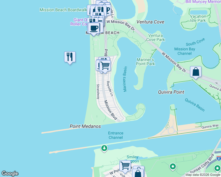 map of restaurants, bars, coffee shops, grocery stores, and more near 2812 Bayside Walk in San Diego