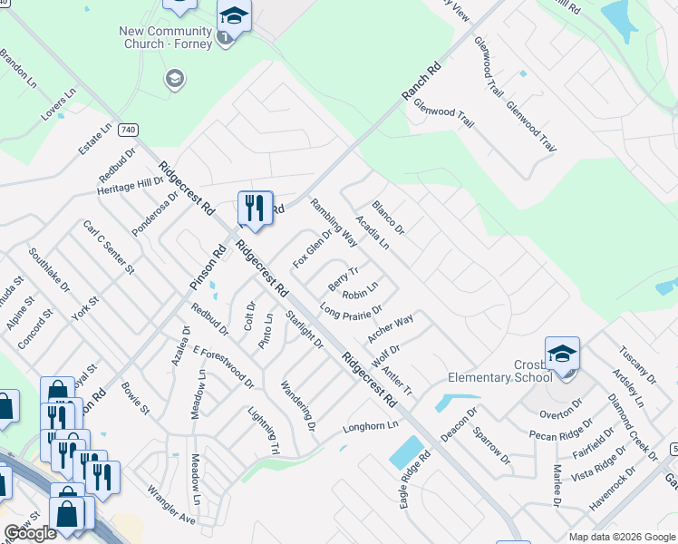 map of restaurants, bars, coffee shops, grocery stores, and more near 618 Rockbrook Drive in Forney