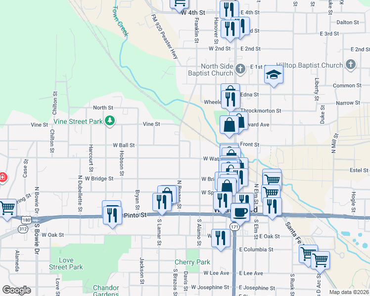 map of restaurants, bars, coffee shops, grocery stores, and more near 302 West Ball Street in Weatherford