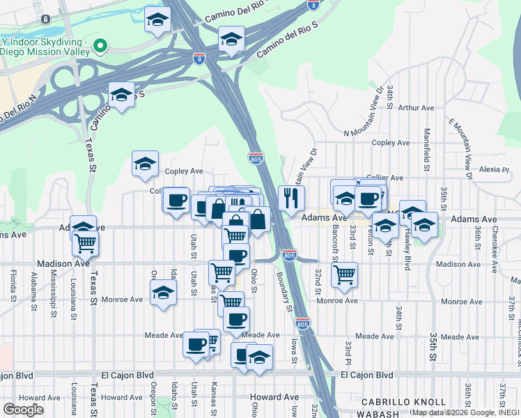 map of restaurants, bars, coffee shops, grocery stores, and more near 3072 Suncrest Drive in San Diego