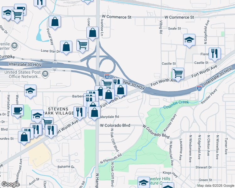 map of restaurants, bars, coffee shops, grocery stores, and more near 1981 Fort Worth Avenue in Dallas
