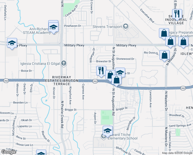 map of restaurants, bars, coffee shops, grocery stores, and more near 9420 Kerrville Street in Dallas