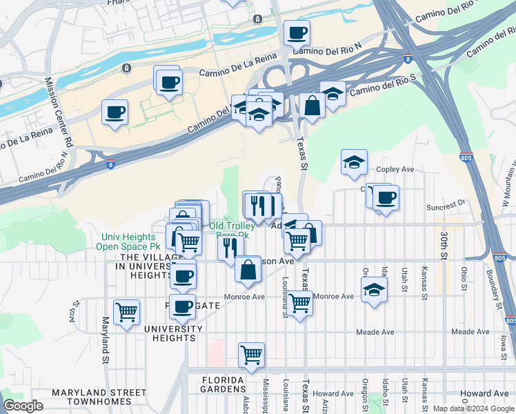 map of restaurants, bars, coffee shops, grocery stores, and more near 4720 Panorama Drive in San Diego