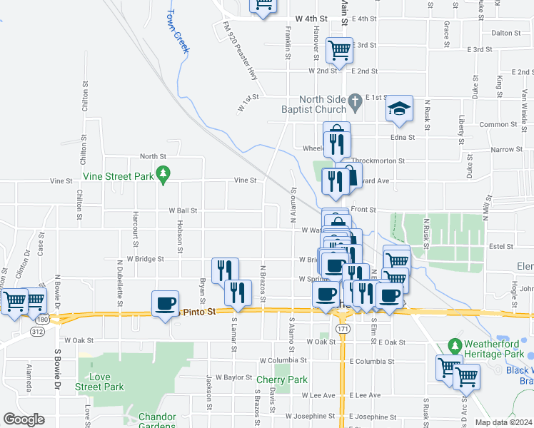 map of restaurants, bars, coffee shops, grocery stores, and more near 412 North Brazos Street in Weatherford