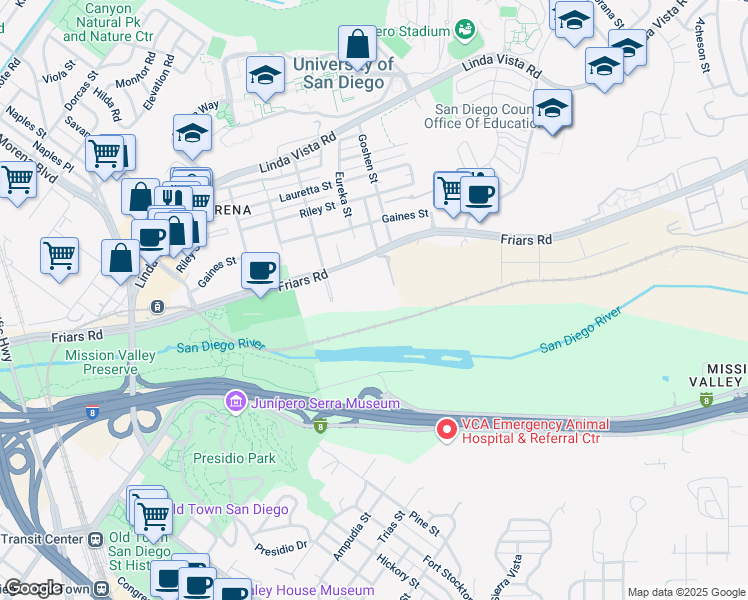map of restaurants, bars, coffee shops, grocery stores, and more near 5875 Friars Road in San Diego