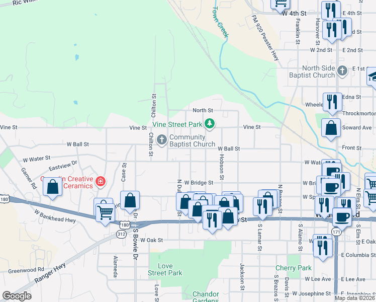 map of restaurants, bars, coffee shops, grocery stores, and more near 911 Vine Street in Weatherford