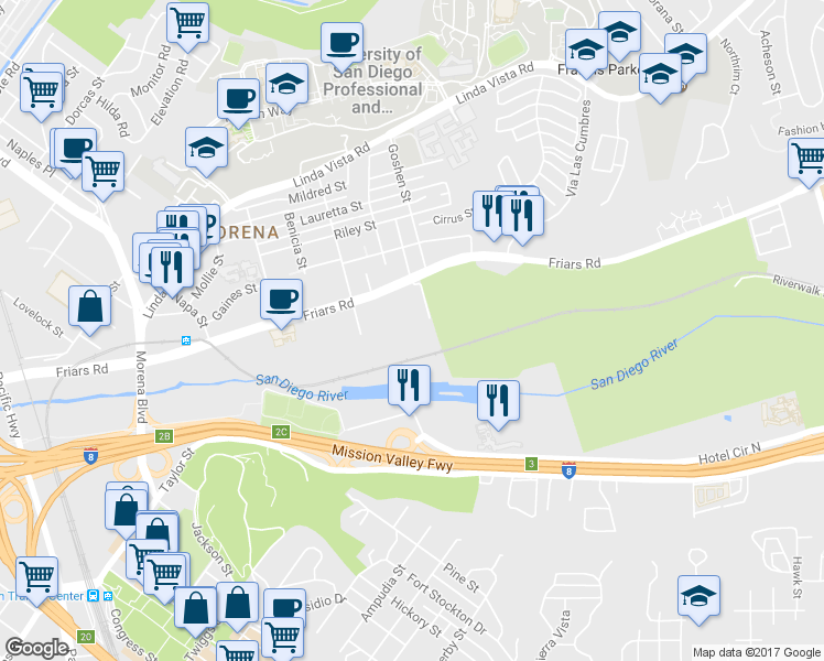 map of restaurants, bars, coffee shops, grocery stores, and more near 5895 Friars Road in San Diego