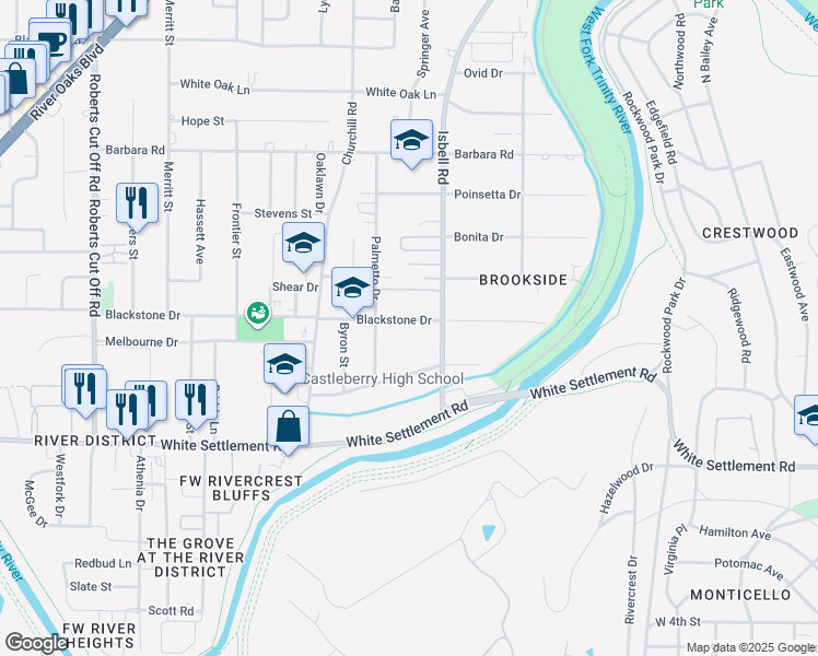 map of restaurants, bars, coffee shops, grocery stores, and more near 4524 Blackstone Drive in Fort Worth