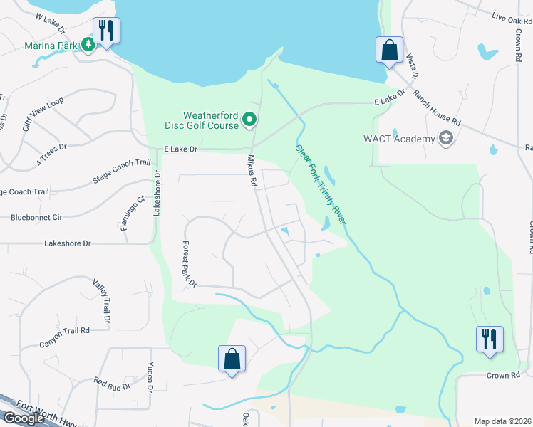 map of restaurants, bars, coffee shops, grocery stores, and more near 1213 Thistle Hill Tr in Weatherford