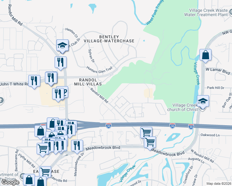 map of restaurants, bars, coffee shops, grocery stores, and more near 8801 Creek Run Road in Fort Worth