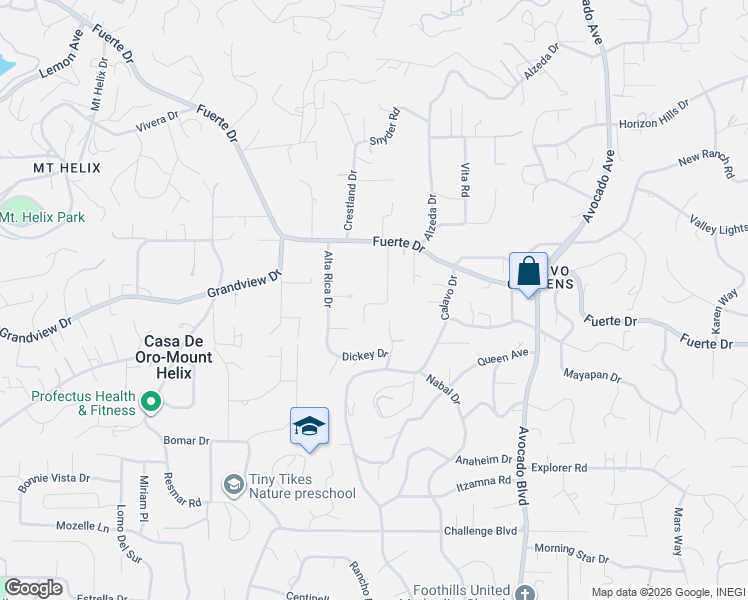 map of restaurants, bars, coffee shops, grocery stores, and more near 4728 La Rueda Drive in La Mesa