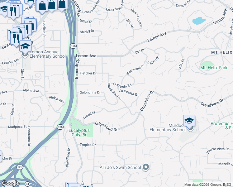 map of restaurants, bars, coffee shops, grocery stores, and more near 9345 El Tejado Road in La Mesa