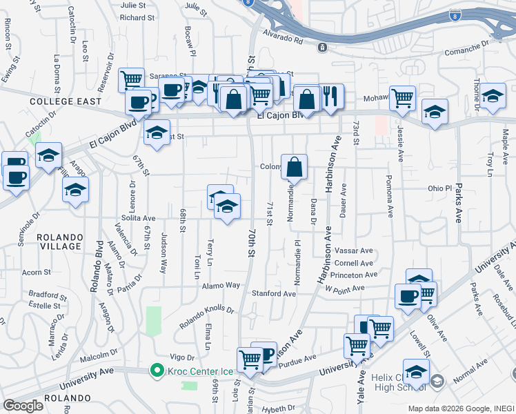 map of restaurants, bars, coffee shops, grocery stores, and more near 4711 70th Street in La Mesa