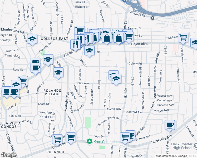 map of restaurants, bars, coffee shops, grocery stores, and more near 4741 68th Street in La Mesa