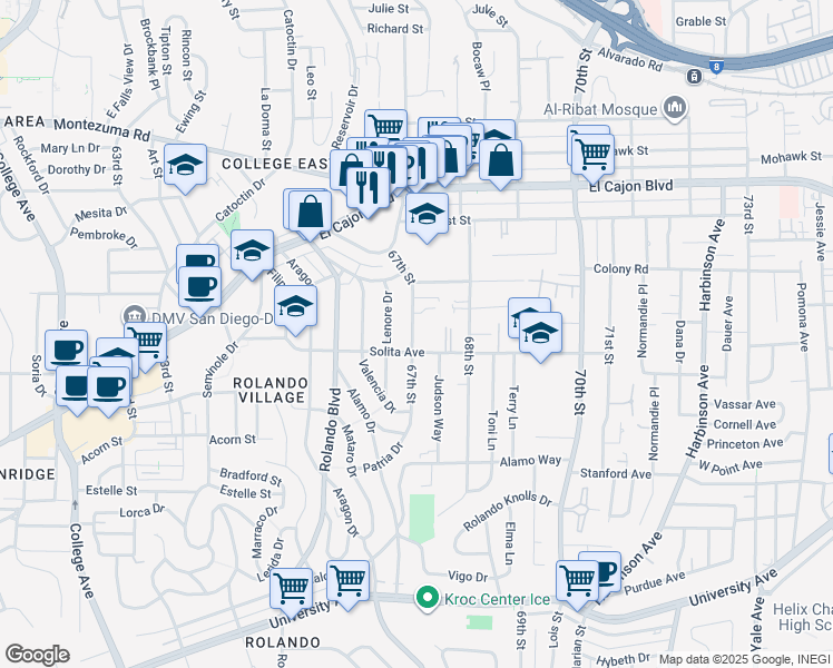 map of restaurants, bars, coffee shops, grocery stores, and more near 4751 67th Street in San Diego