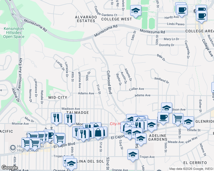 map of restaurants, bars, coffee shops, grocery stores, and more near 4401 Collwood Lane in San Diego
