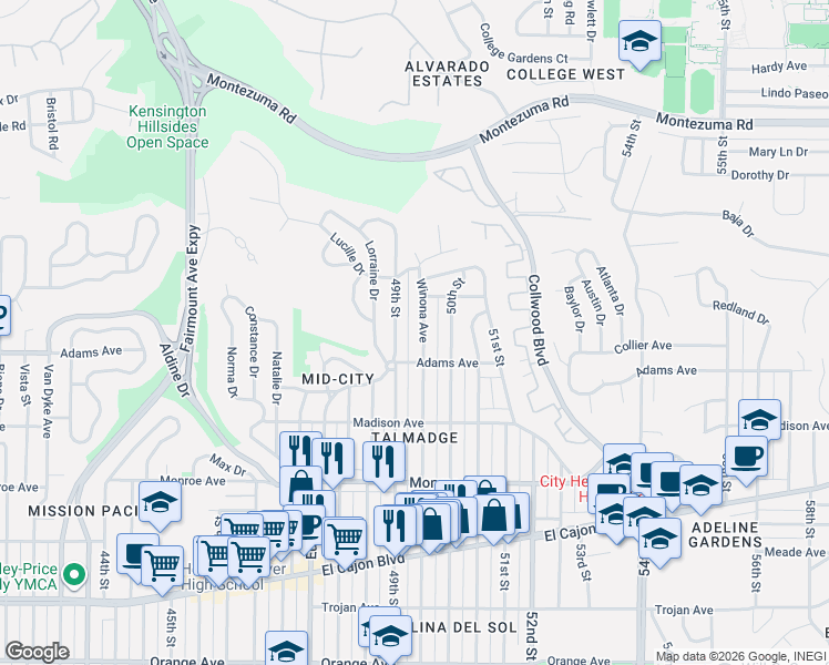 map of restaurants, bars, coffee shops, grocery stores, and more near 4763 49th Street in San Diego