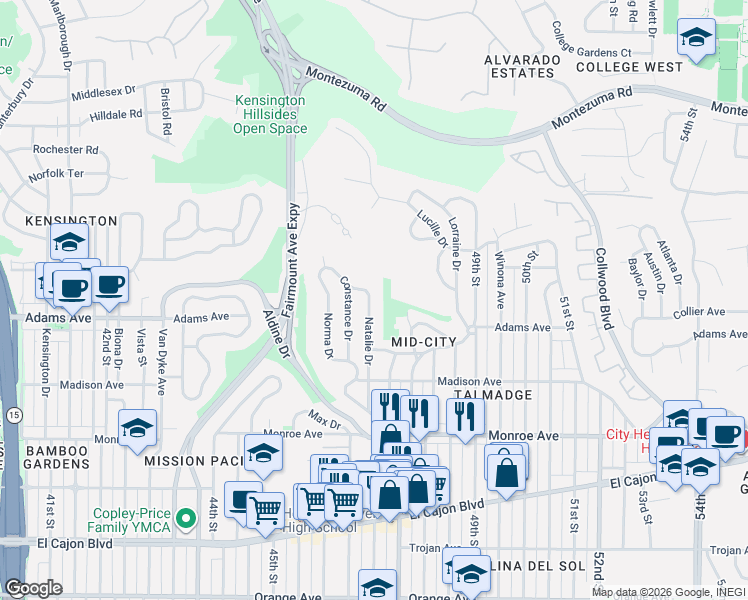 map of restaurants, bars, coffee shops, grocery stores, and more near 4737 Natalie Drive in San Diego