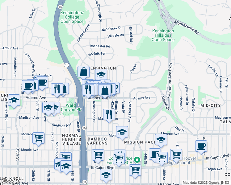 map of restaurants, bars, coffee shops, grocery stores, and more near 4751 Edgeware Road in San Diego