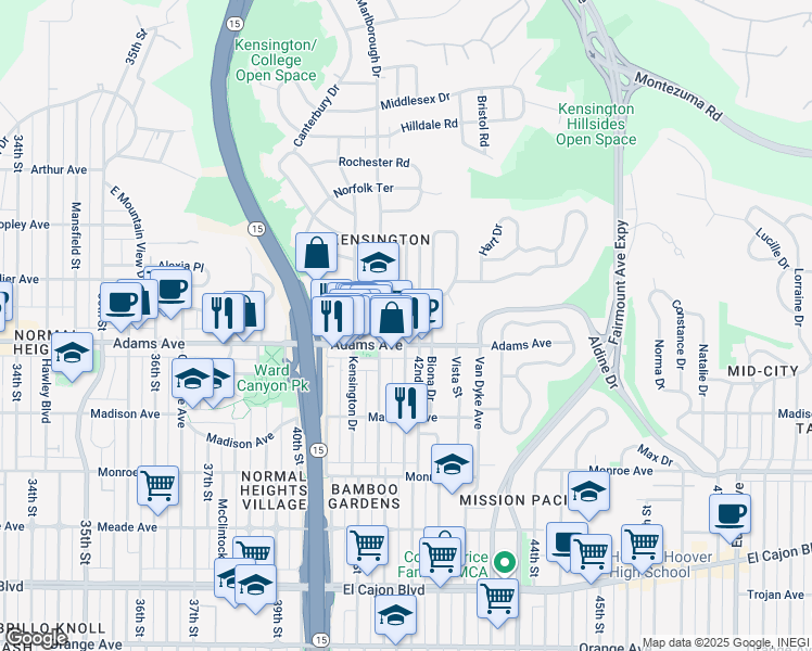 map of restaurants, bars, coffee shops, grocery stores, and more near 4751 Edgeware Road in San Diego