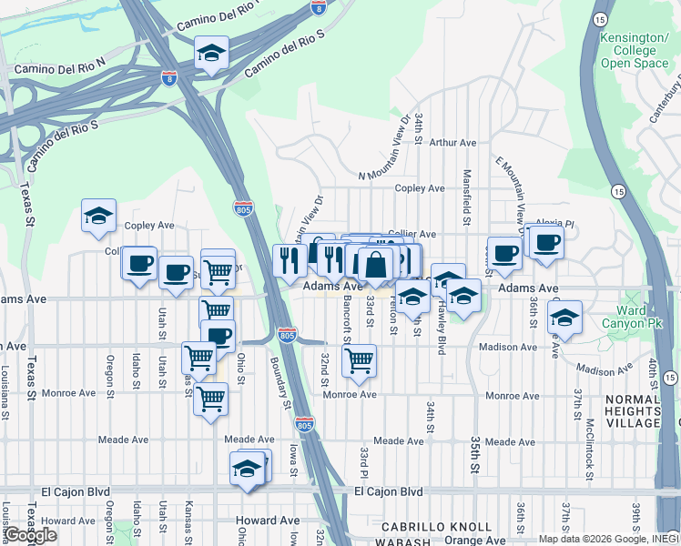 map of restaurants, bars, coffee shops, grocery stores, and more near 4741 32nd Street in San Diego