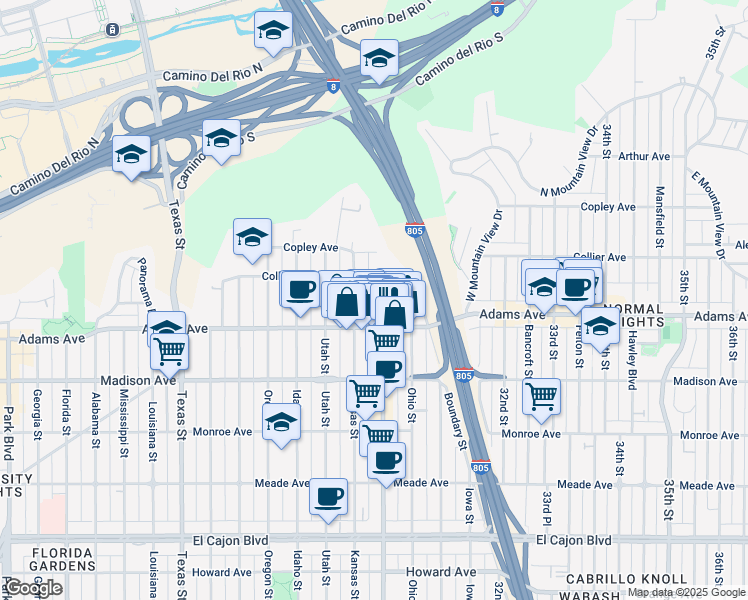 map of restaurants, bars, coffee shops, grocery stores, and more near 4837 Kansas Street in San Diego