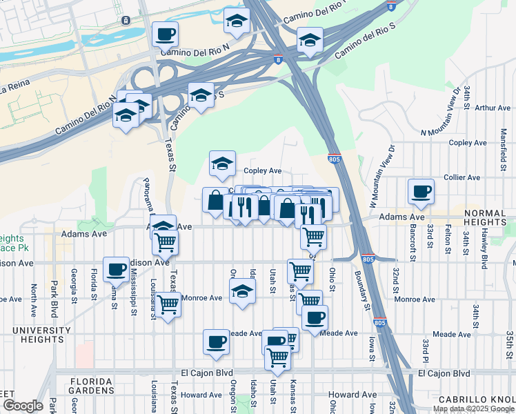 map of restaurants, bars, coffee shops, grocery stores, and more near 2813 Collier Avenue in San Diego