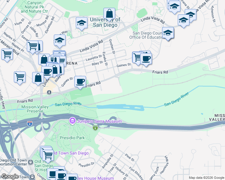 map of restaurants, bars, coffee shops, grocery stores, and more near 5865 Friars Road in San Diego