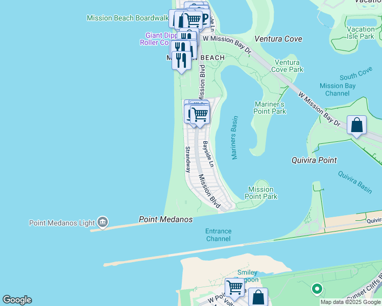 map of restaurants, bars, coffee shops, grocery stores, and more near 2847 Strandway in San Diego